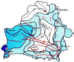 Схема мощности (подошвы залегания) зоны пресных вод Беларуси (м).